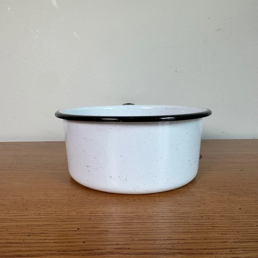 Vintage White Speckled Enamelware Saucepan Black Trim Graniteware Pot